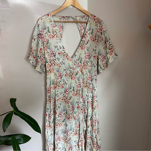 Anthropologie Raga Mint Green Floral V-Neck Wrap Flutter Sleeve Maxi Dress Sz M - Picture 4 of 9